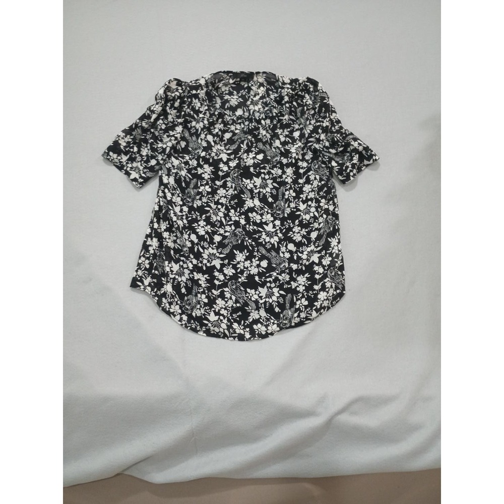 J.Crew Womens XS Black White Bird Floral Print Blouse Short Sleeve Sheer Layer
